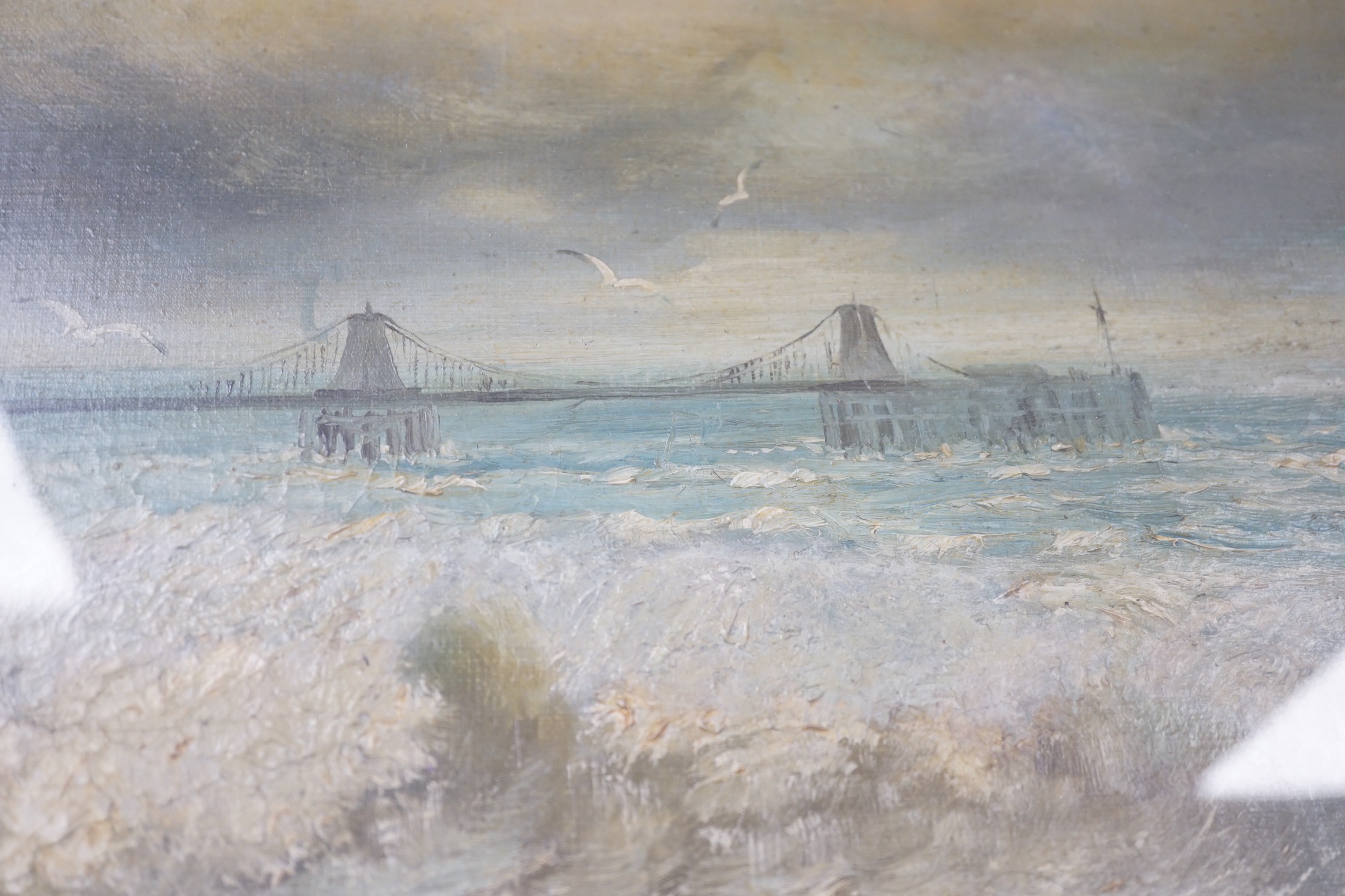William Henry Borrow (1863-1901), pair of oils on canvas, The Brighton Chain Pier before and after its destruction in December 1896, signed, 68 x 47cm